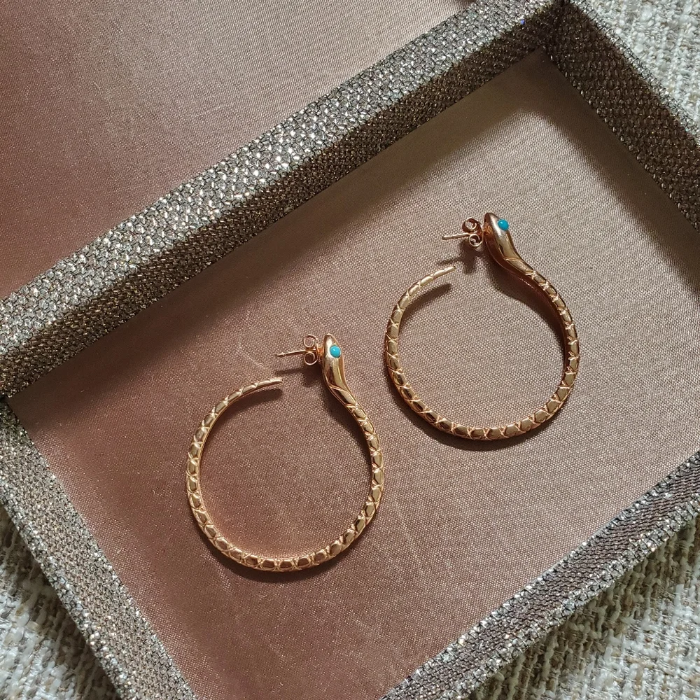 Sterling Rose Gold Plated Snake Hoop Earrings - Picture 2 of 7
